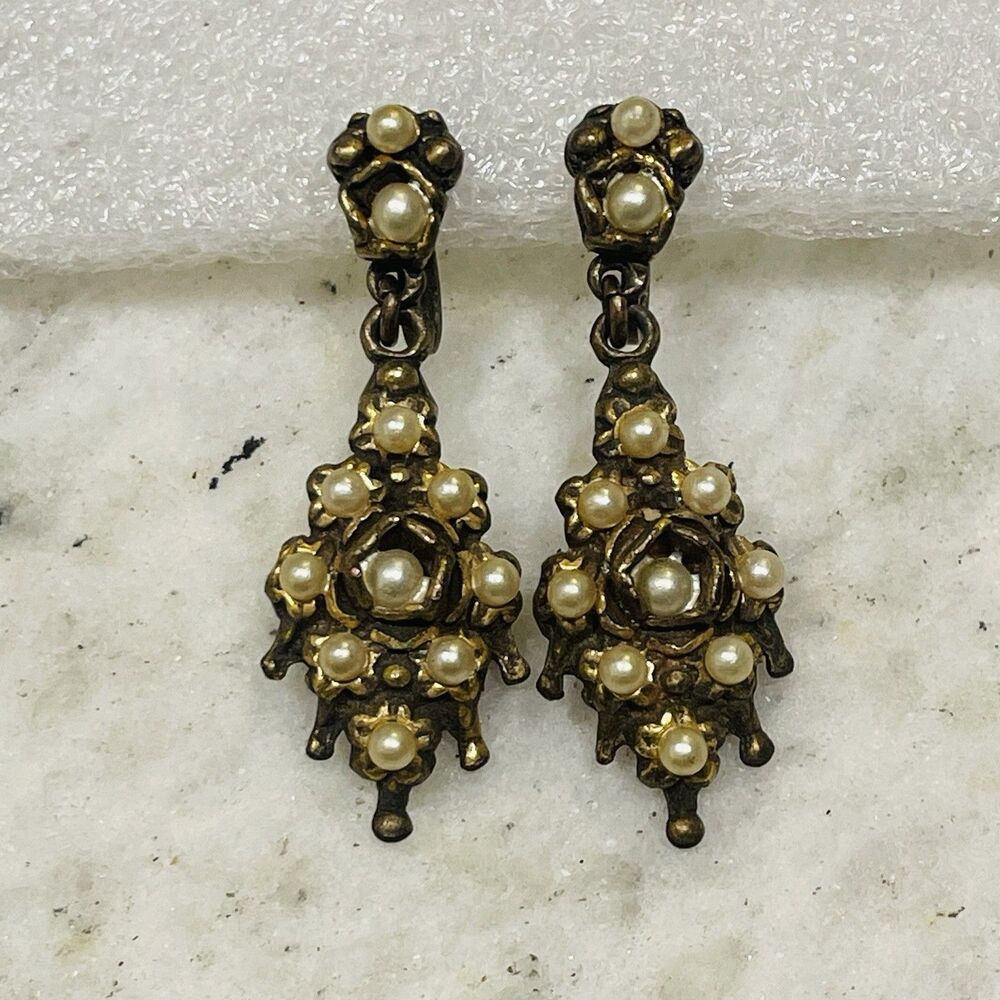 Vintage Baroque Era Style Ornate Brass Gold Pearl Dangle Drop Earrings Unmarked